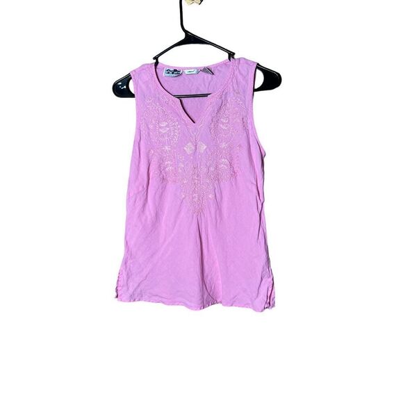 Edward Irish Linen Tops - Vintage Edward Irish Linen Pink Sleeveless Embroidered Blouse Size M